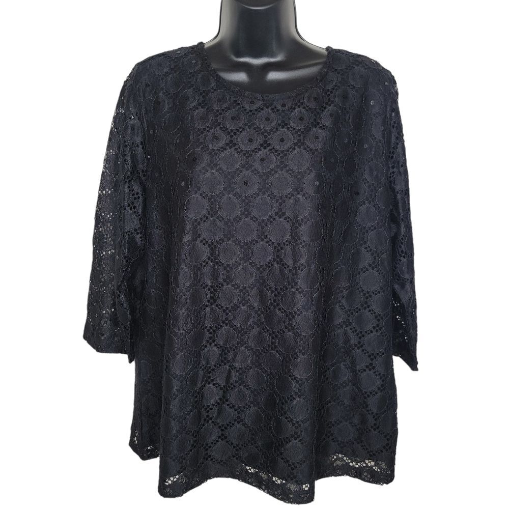 Denim & Co. 3/4 Sleeve All Over Lace Top Black Large